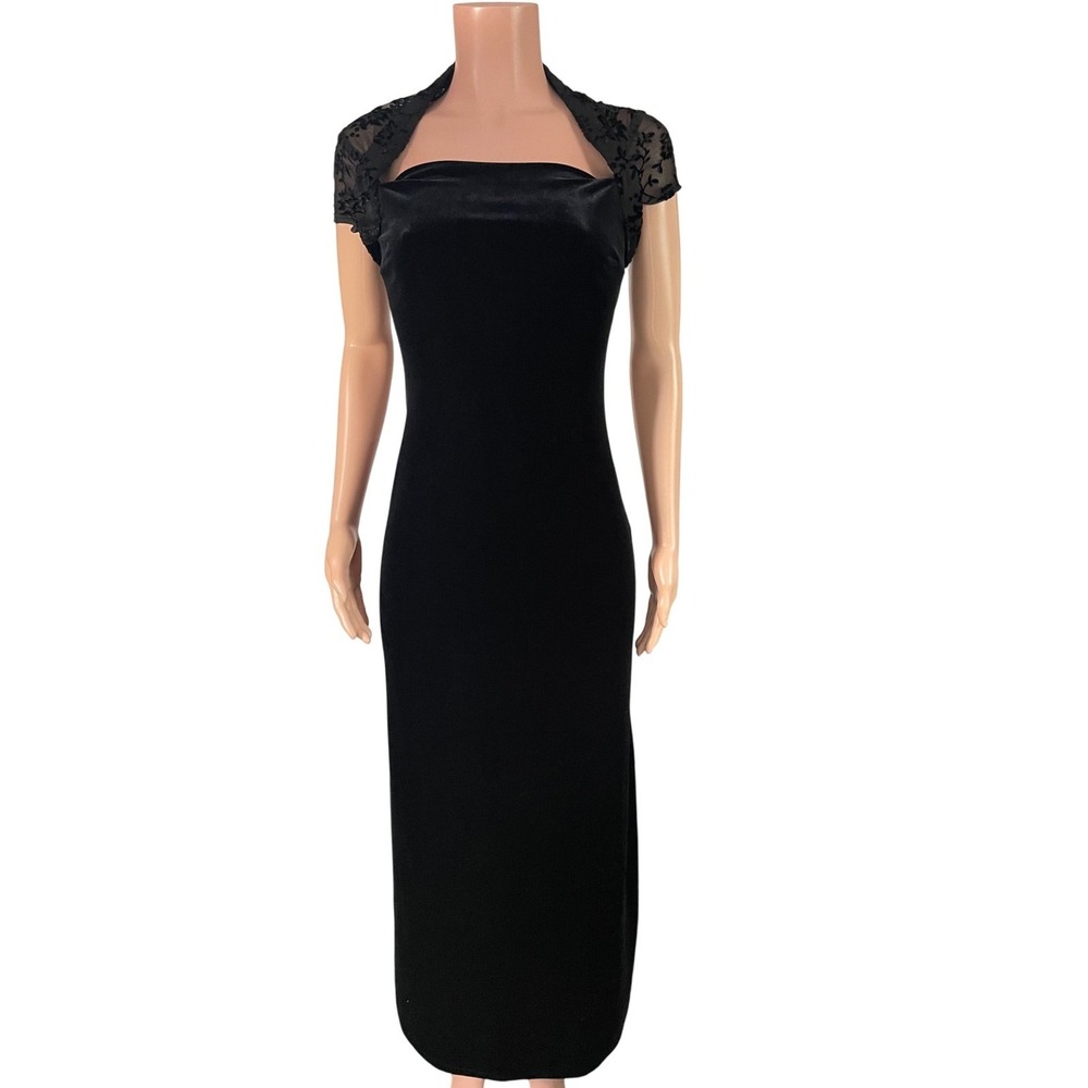 My Michelle Black Velvet Lace Maxi Dress Sheer Floral Back Goth Romantic90s Sz S